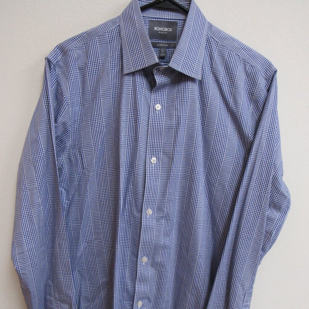 BONOBOS Men's Blue Plaid Casual Button-Up Shirt 16.5x36‎ Slim Fit Cotton